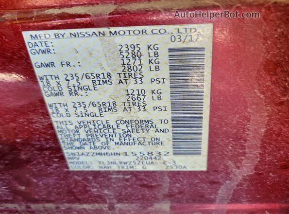 5N1AZ2MH6HN155832 2017 NISSAN MURANO Burgundy Вид наклейки з VIN-кодом