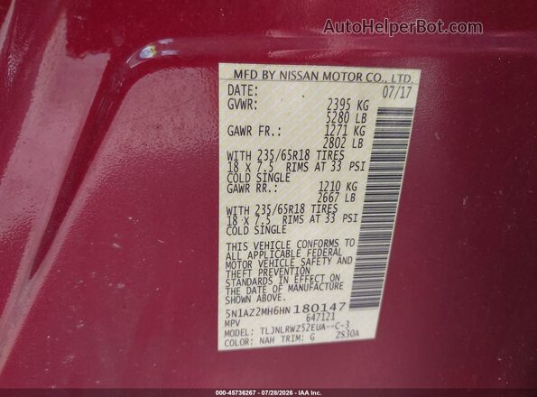 5N1AZ2MH6HN180147 2017 NISSAN MURANO Red Vista del compartimento del motor