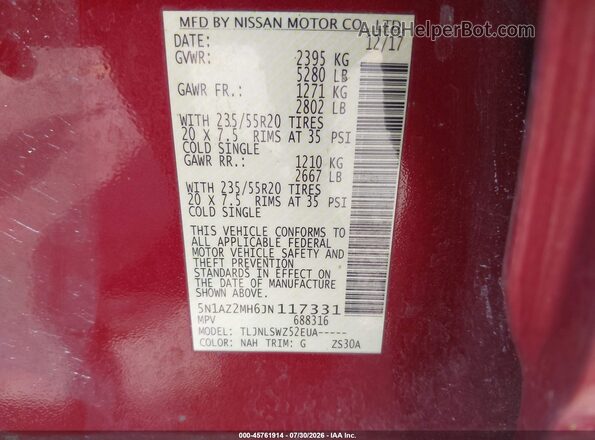 5N1AZ2MH6JN117331 2018 NISSAN MURANO Red Engine compartment view