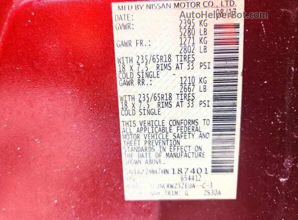 5N1AZ2MH7HN187401 2017 NISSAN MURANO Red VIN კოდის სტიკერის ხედი