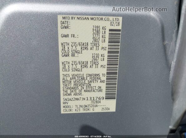 5N1AZ2MH7JN131769 2018 NISSAN MURANO Серебряный Вид подкапотного пространства