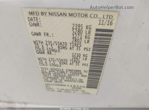 5N1AZ2MH8HN119320 2017 NISSAN MURANO White Widok komory silnika