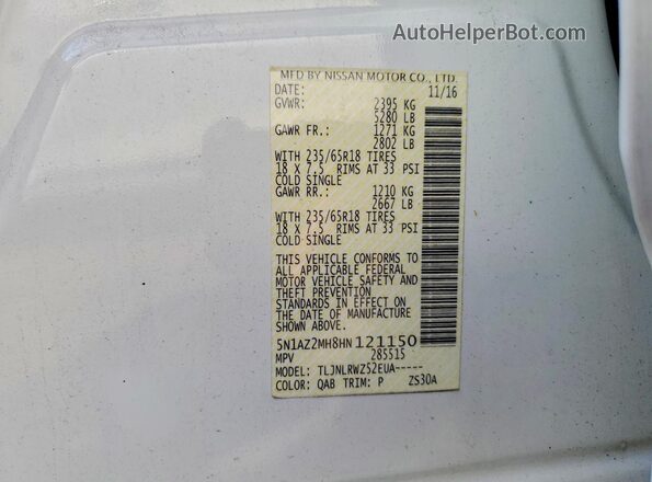 5N1AZ2MH8HN121150 2017 NISSAN MURANO White VIN კოდის სტიკერის ხედი