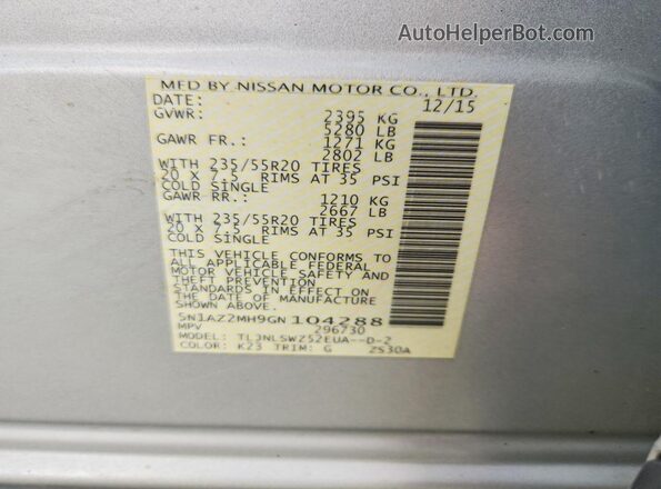 5N1AZ2MH9GN104288 2016 NISSAN MURANO Silver VIN sticker view
