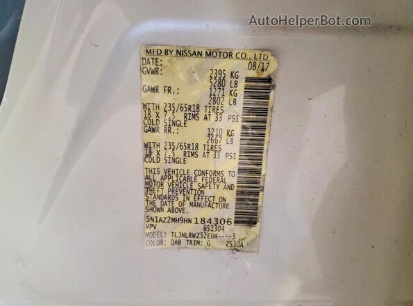 5N1AZ2MH9HN184306 2017 NISSAN MURANO White 360 interior view
