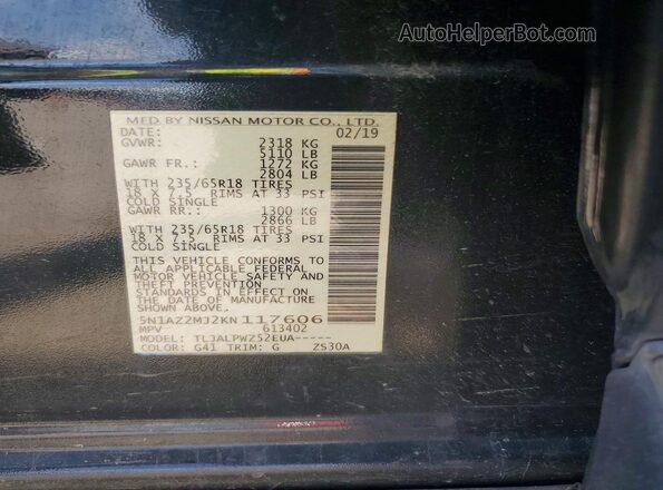 5N1AZ2MJ2KN117606 2019 NISSAN MURANO Черный Вид подкапотного пространства