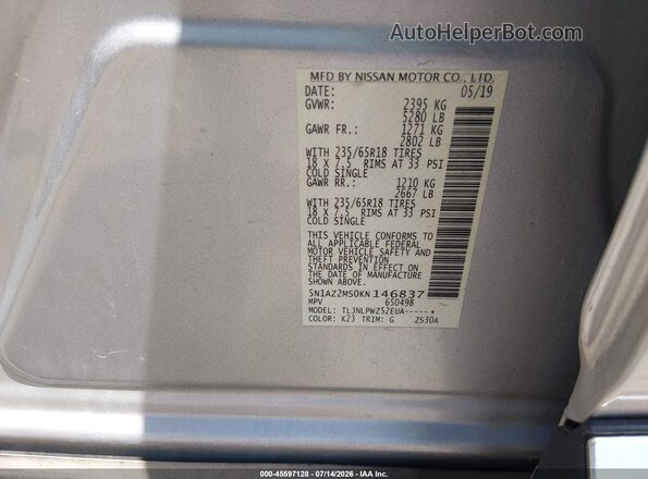 5N1AZ2MS0KN146837 2019 NISSAN MURANO Silver Вид підкапотного простору