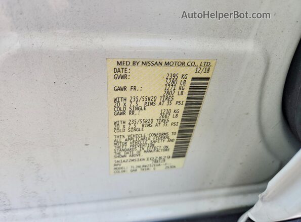 5N1AZ2MS1KN102829 2019 NISSAN MURANO White VIN կոդի պիտակի տեսք