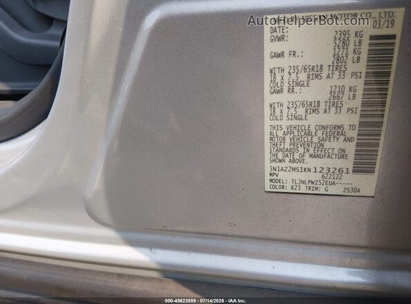5N1AZ2MS1KN123261 2019 NISSAN MURANO Silver Vista del compartimento del motor