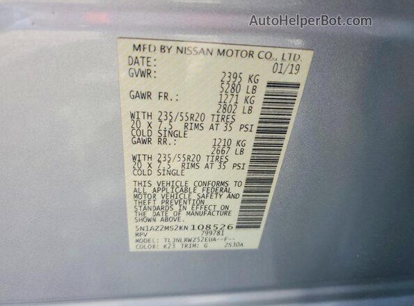 5N1AZ2MS2KN108526 2019 NISSAN MURANO Серебряный Вид наклейки с VIN-кодом