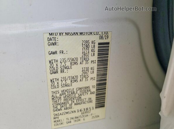5N1AZ2MS2KN163851 2019 NISSAN MURANO Белый Вид наклейки с VIN-кодом