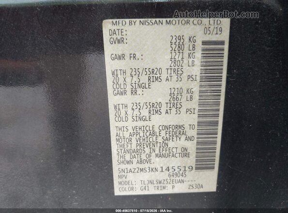 5N1AZ2MS3KN145519 2019 NISSAN MURANO Black Vista del compartimento del motor
