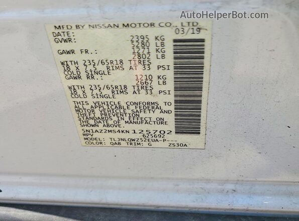 5N1AZ2MS4KN125702 2019 NISSAN MURANO White Vista interior de 360 grados