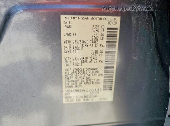 5N1AZ2MS5KN128141 2019 NISSAN MURANO Gray Vista interior de 360 grados