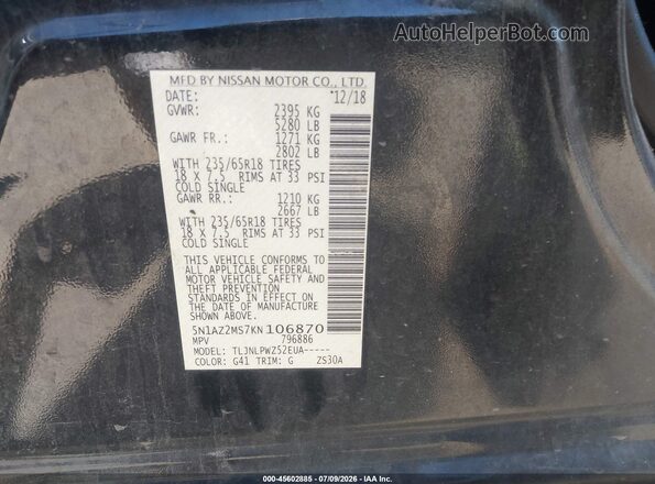 5N1AZ2MS7KN106870 2019 NISSAN MURANO Black Widok komory silnika