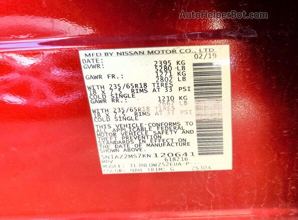 5N1AZ2MS7KN120641 2019 NISSAN MURANO Red ძრავის განყოფილების ხედი