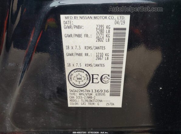 5N1AZ2MS7KN136936 2019 NISSAN MURANO Black Widok komory silnika