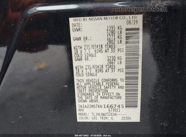 5N1AZ2MS7KN166745 2019 NISSAN MURANO Black Widok komory silnika