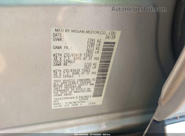 5N1AZ2MSXKN136901 2019 NISSAN MURANO Silver Engine compartment view