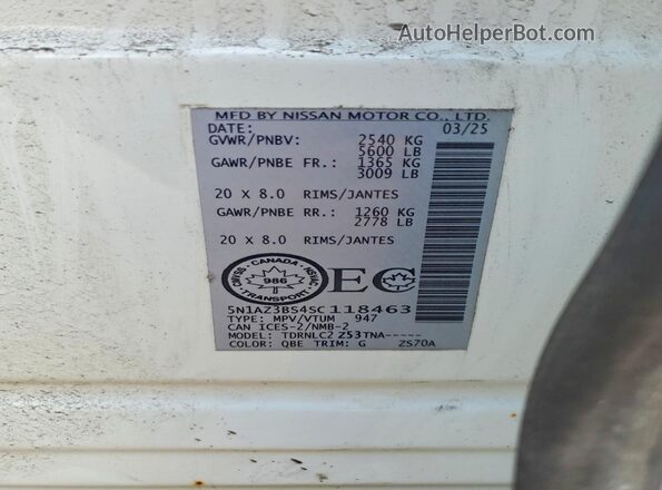 5N1AZ3BS4SC118463 2025 NISSAN MURANO White Widok naklejki z numerem VIN