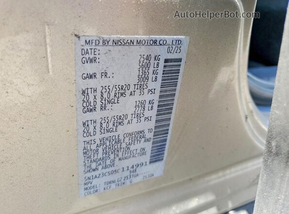 5N1AZ3CS0SC114991 2025 NISSAN MURANO Silver Vista de la etiqueta del VIN