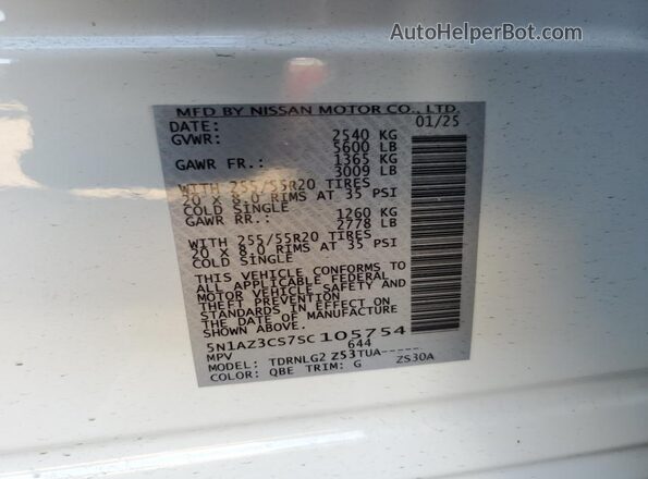 5N1AZ3CS7SC105754 2025 NISSAN MURANO White Widok naklejki z numerem VIN