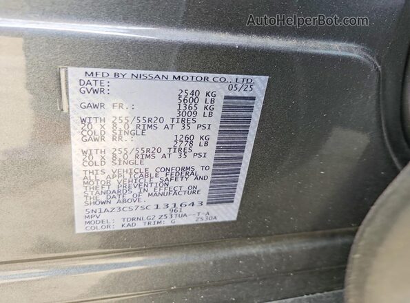 5N1AZ3CS7SC131643 2025 NISSAN MURANO Gray Вид наклейки з VIN-кодом