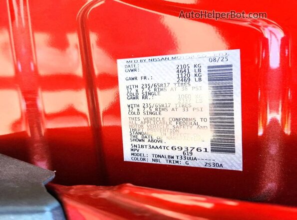 5N1BT3AA4TC693761 2026 NISSAN ROGUE Красный Вид наклейки с VIN-кодом