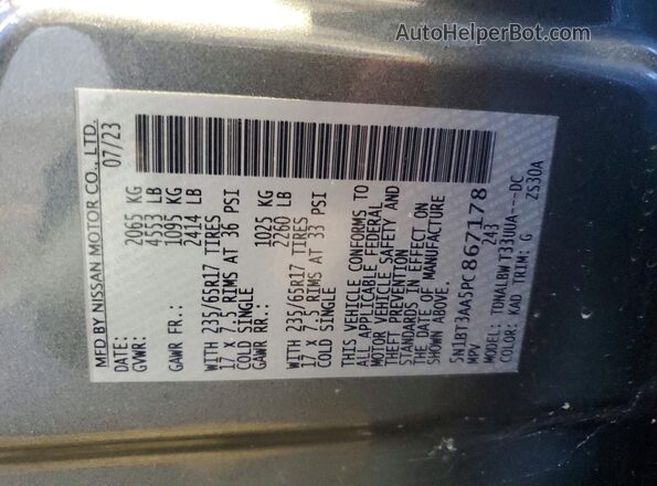 5N1BT3AA5PC867178 2023 NISSAN ROGUE Gray VIN კოდის სტიკერის ხედი