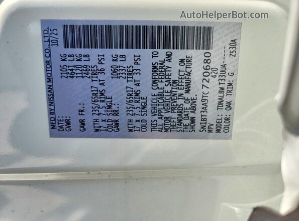 5N1BT3AA9TC720680 2026 NISSAN ROGUE White Vista de la etiqueta del VIN