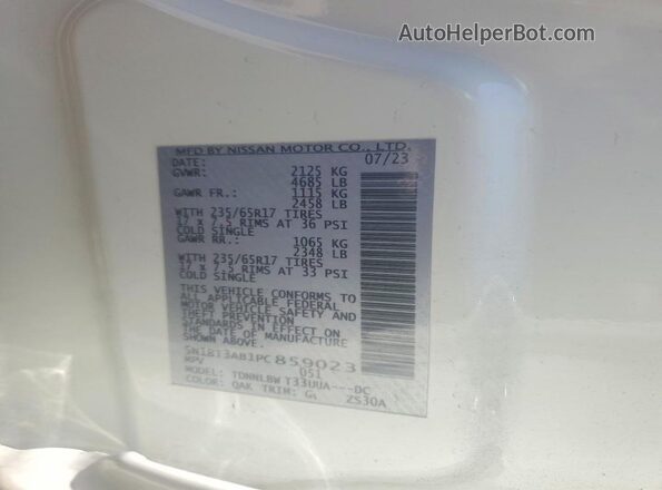 5N1BT3AB1PC859023 2023 NISSAN ROGUE White Vista de la etiqueta del VIN