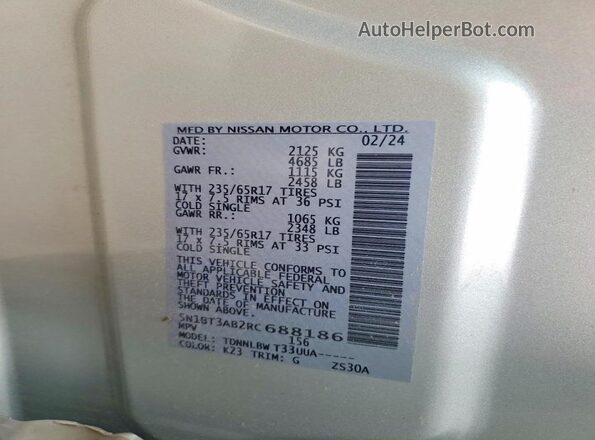 5N1BT3AB2RC688186 2024 NISSAN ROGUE Silver VIN կոդի պիտակի տեսք