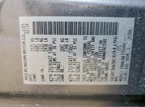 5N1BT3AB2RC694196 2024 NISSAN ROGUE Gray VIN sticker view