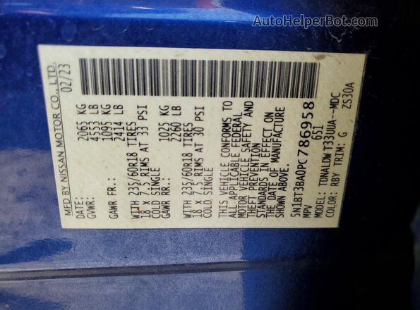 5N1BT3BA0PC786958 2023 NISSAN ROGUE Blue Vista de la etiqueta del VIN