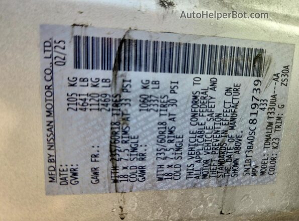 5N1BT3BA0SC819739 2025 NISSAN ROGUE Silver VIN կոդի պիտակի տեսք