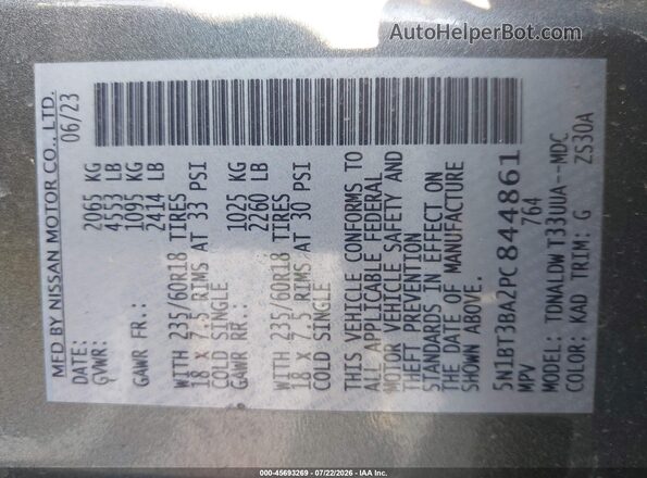 5N1BT3BA2PC844861 2023 NISSAN ROGUE Gray Вид наклейки з VIN-кодом