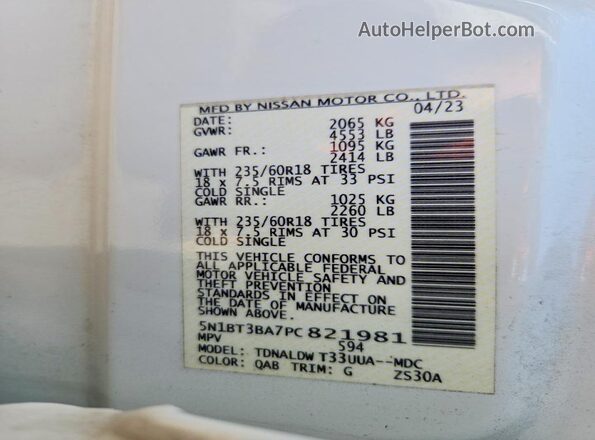 5N1BT3BA7PC821981 2023 NISSAN ROGUE White Вид наклейки з VIN-кодом