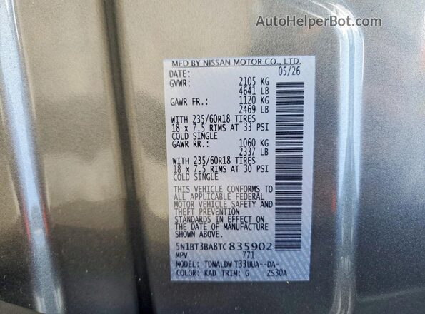 5N1BT3BA8TC835902 2026 NISSAN ROGUE Gray Vista de la etiqueta del VIN