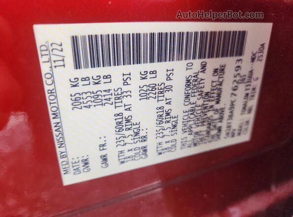 5N1BT3BA9PC762593 2023 NISSAN ROGUE Red VIN კოდის სტიკერის ხედი