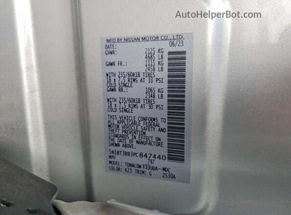 5N1BT3BB3PC847440 2023 NISSAN ROGUE Silver Vista de la etiqueta del VIN