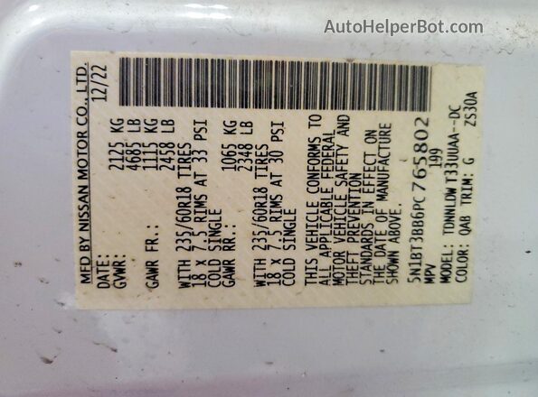 5N1BT3BB6PC765802 2023 NISSAN ROGUE White VIN կոդի պիտակի տեսք