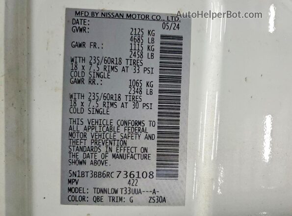 5N1BT3BB6RC736108 2024 NISSAN ROGUE Белый Вид наклейки с VIN-кодом