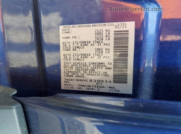5N1BT3BBXPC839934 2023 NISSAN ROGUE Blue VIN կոդի պիտակի տեսք