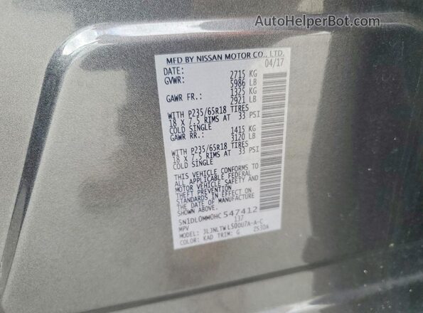 5N1DL0MM0HC547412 2017 INFINITI QX60 Gray Սալոնի 360 աստիճան տեսք