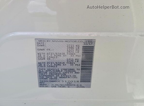 5N1DL0MM0JC512018 2018 INFINITI QX60 White VIN կոդի պիտակի տեսք