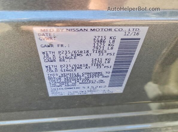 5N1DL0MM1HC515262 2017 INFINITI QX60 Gray Widok komory silnika