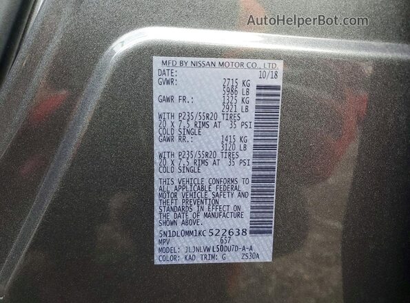5N1DL0MM1KC522638 2019 INFINITI QX60 Charcoal Vista de la etiqueta del VIN