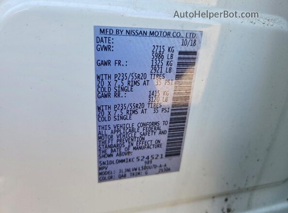 5N1DL0MM1KC524521 2019 INFINITI QX60 White Вид наклейки з VIN-кодом