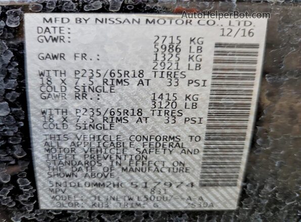 5N1DL0MM2HC517974 2017 INFINITI QX60 Black VIN sticker view