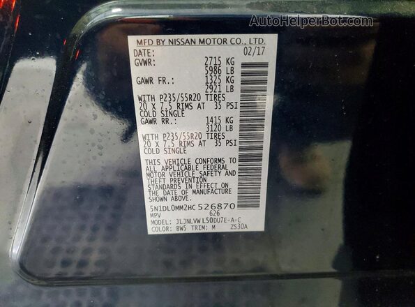 5N1DL0MM2HC526870 2017 INFINITI QX60 Blue VIN კოდის სტიკერის ხედი
